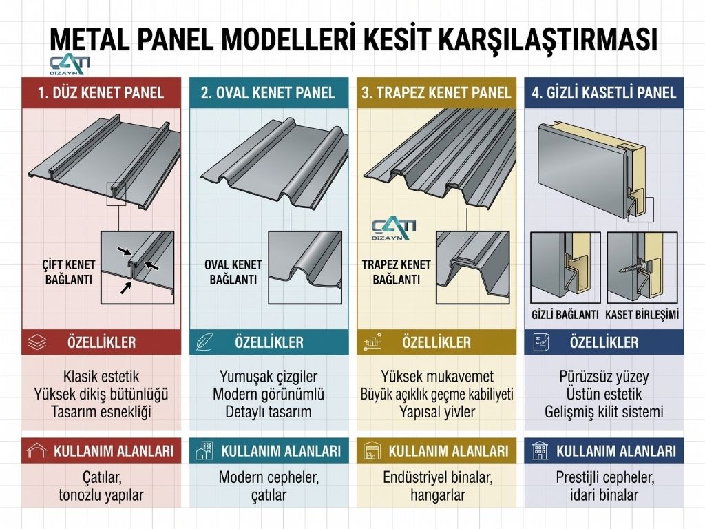 Kenet çatı sisteminin katman katman kesit görünümü ve teknik çizim detayı