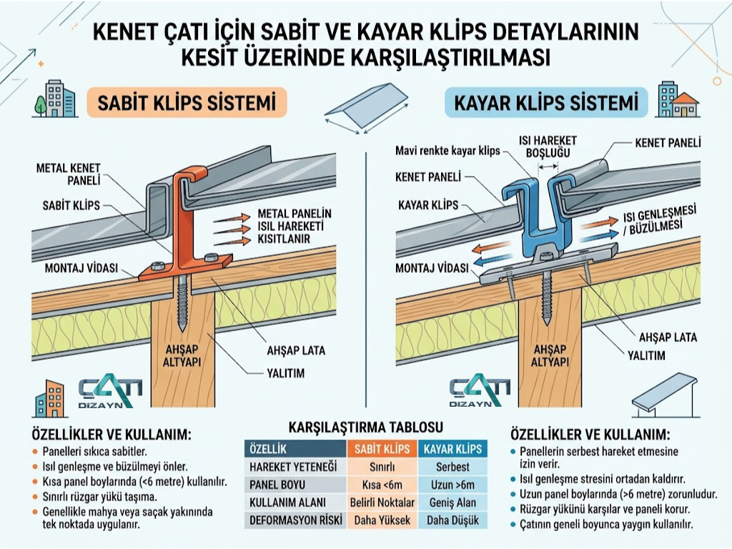 Sabit klips ve kayar klips detayının kesit üzerinde karşılaştırmalı gösterimi