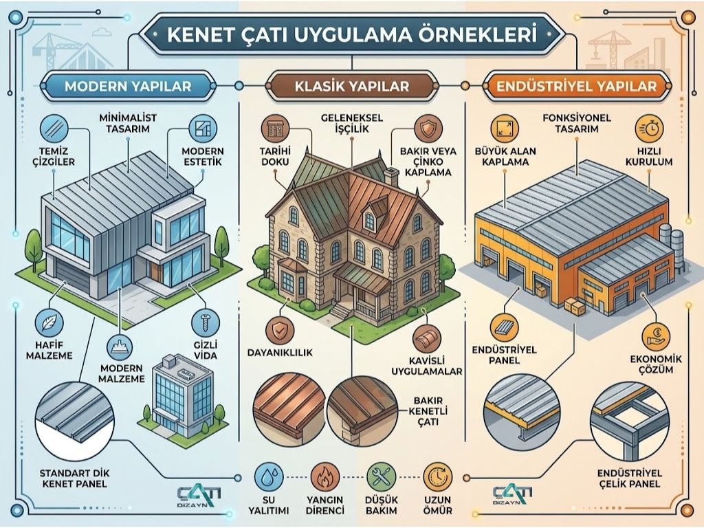Farklı kenet çatı modellerinin modern, klasik ve endüstriyel yapılar üzerindeki uygulama örnekleri