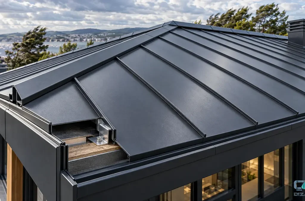 Kenet çatıda rüzgar dayanımı için gizli klips ve metal panel bağlantı detayı